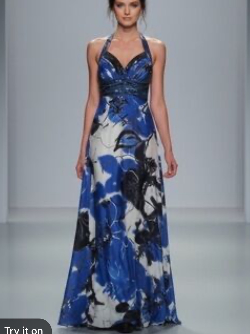 Cache Vintage Blue Floral Halter Beaded Evening Gown